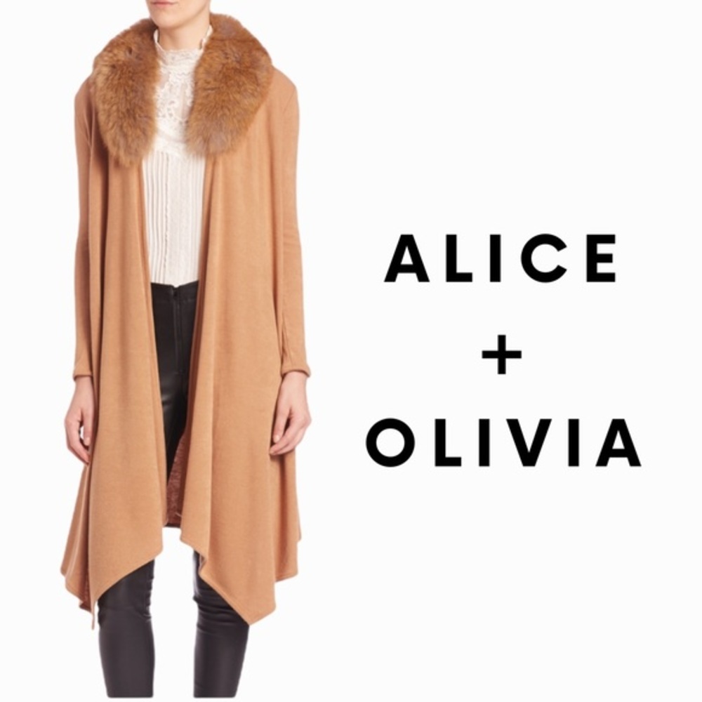 Alice + Olivia Camel Sweater Cardigan with Fur Collar